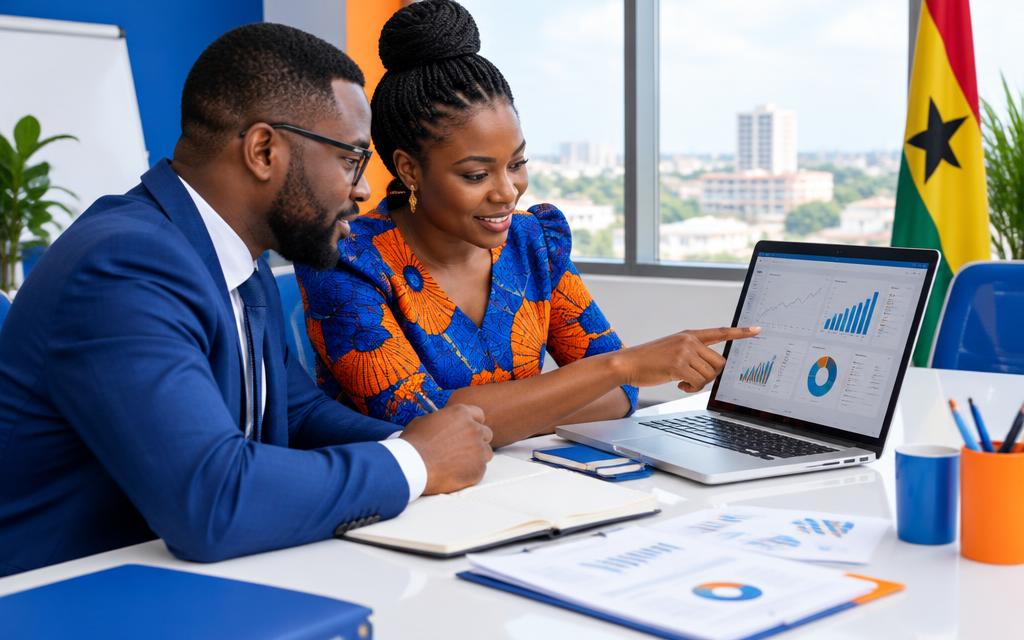 Illustration of professionals collaborating on a business dashboard