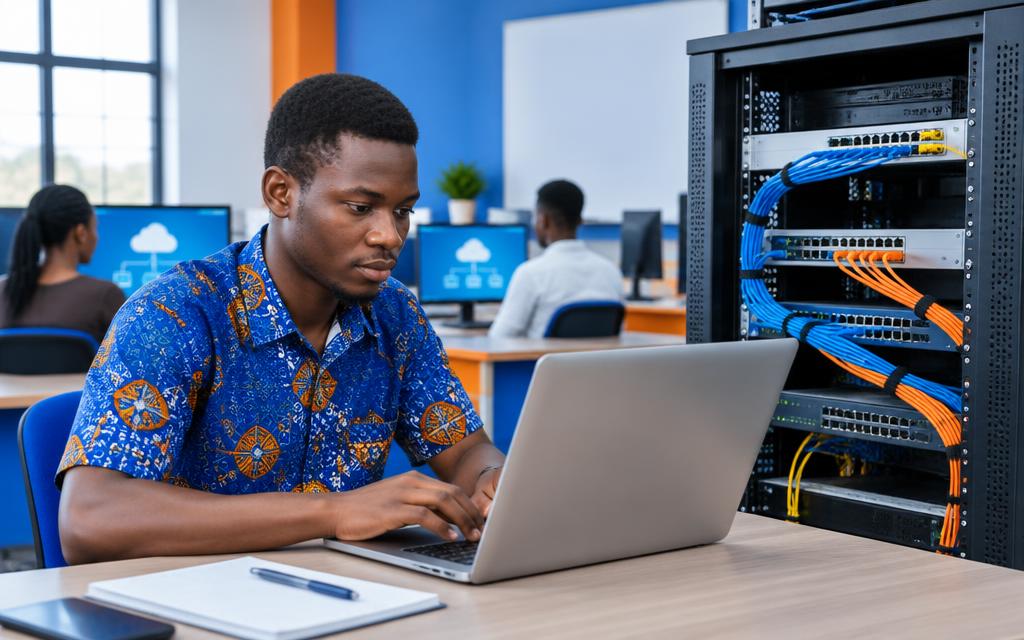 Illustration of a learner working beside network equipment in a technology lab