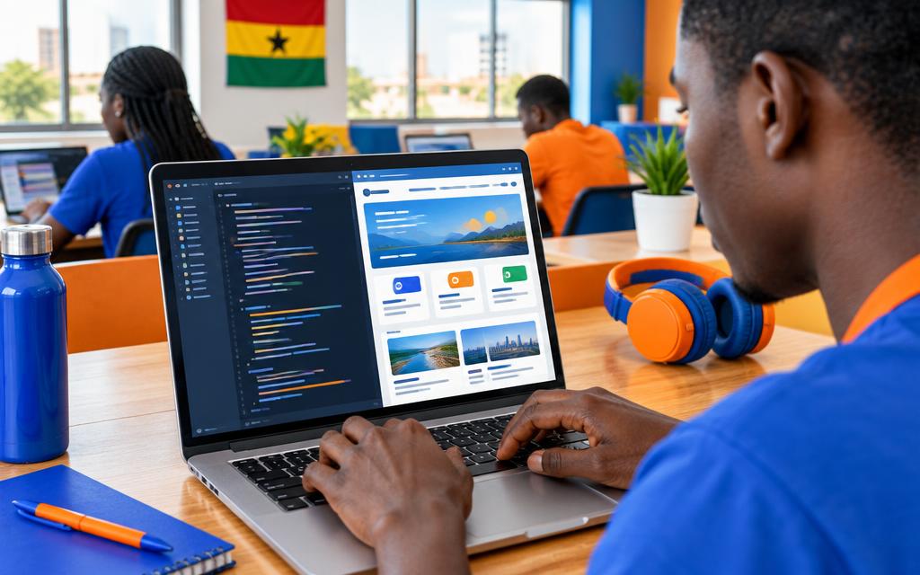 Illustration of a learner coding and previewing a web interface